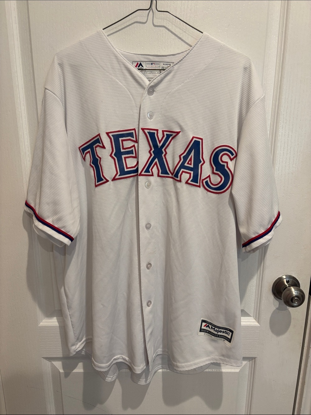 Majestic White Texas Rangers Baseball Jersey with Red & Blue Lettering